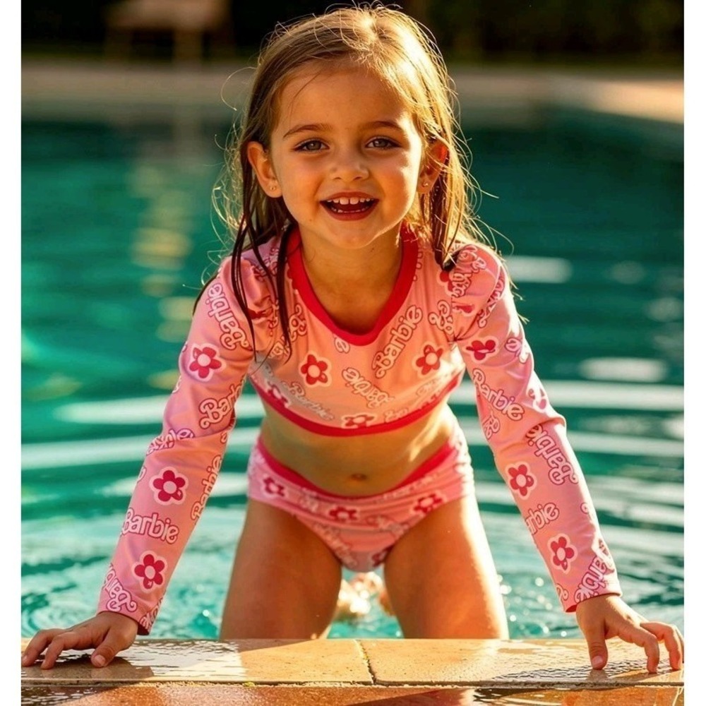 Barbie Toddler Girls Pink Long Sleeve Bikini Swimsuit 2-Piece‎ UPF 50+ Size 3T